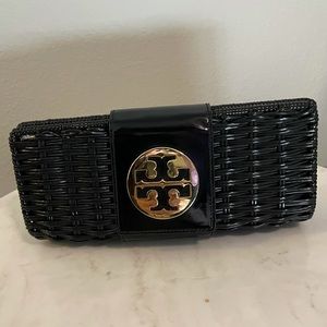 Tory Burch Black Patent Leather Woven Handbag